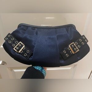 Satin Navy Evening Clutch with Studded Buckle Accents Silver Chain Strap EUC